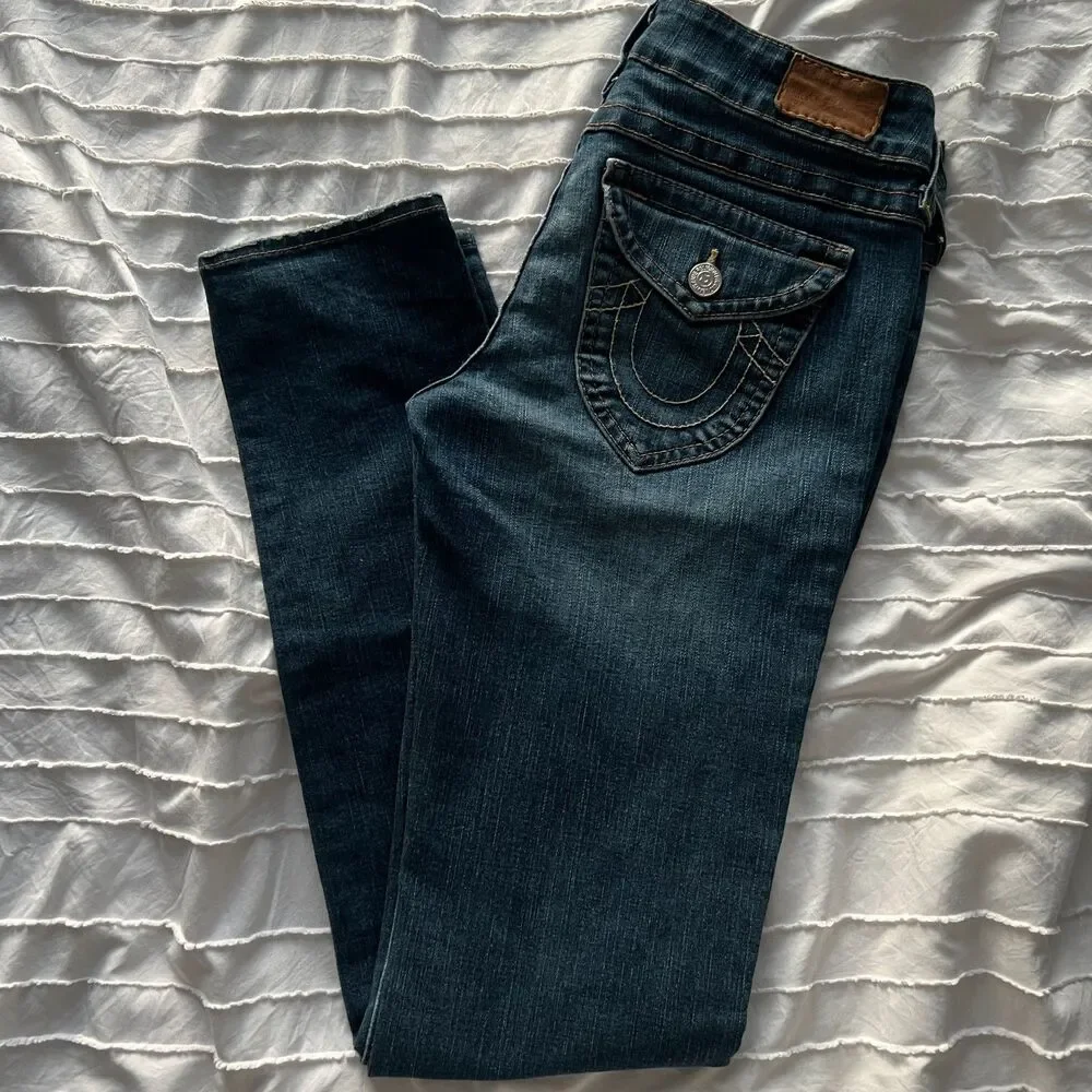 True Religion Jeans Mens 31 Skinny Dark Wash Flap Pocket USA Made Y2K Denim